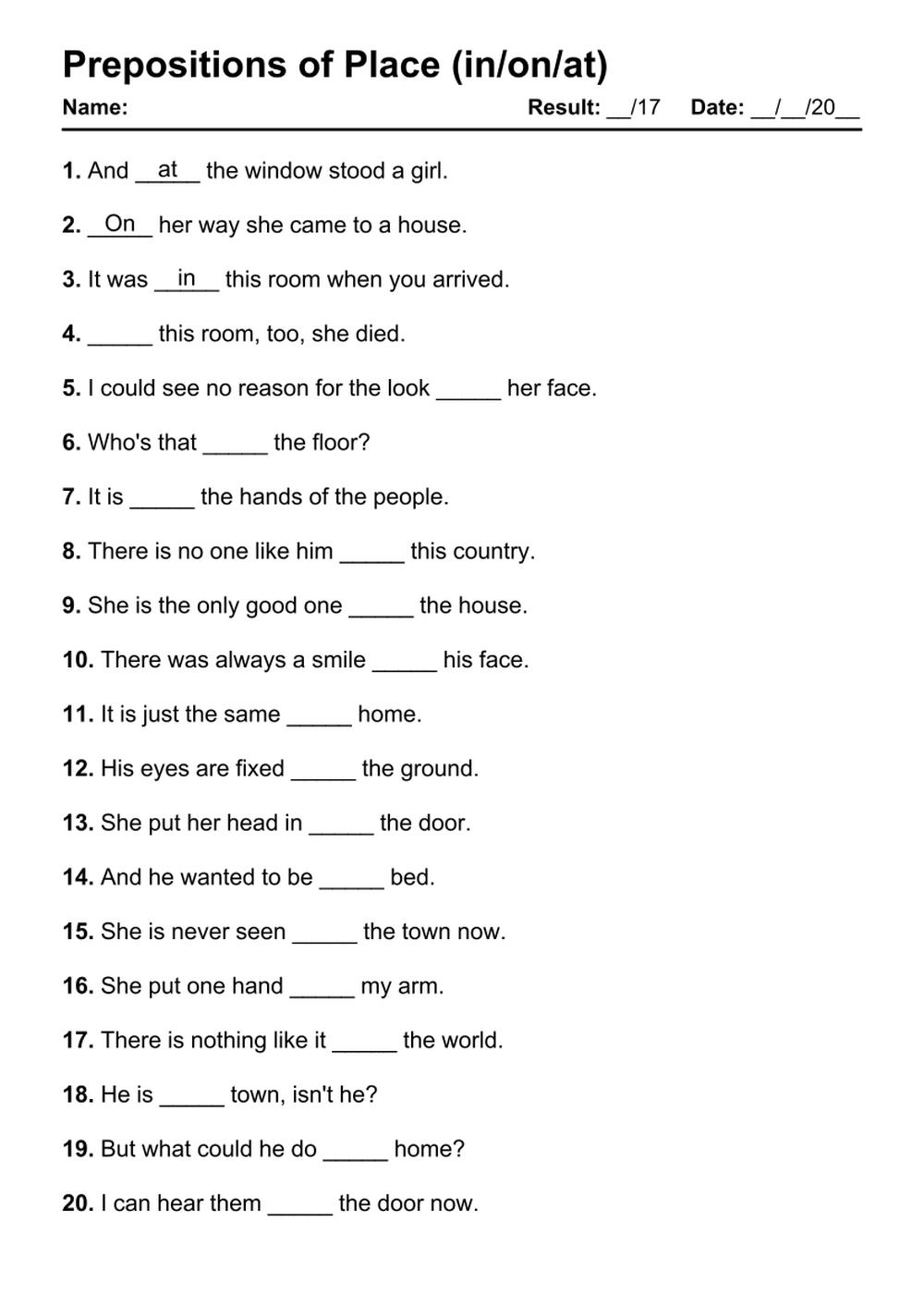 101 Prepositions Of Place PDF Worksheets With Answers Grammarism