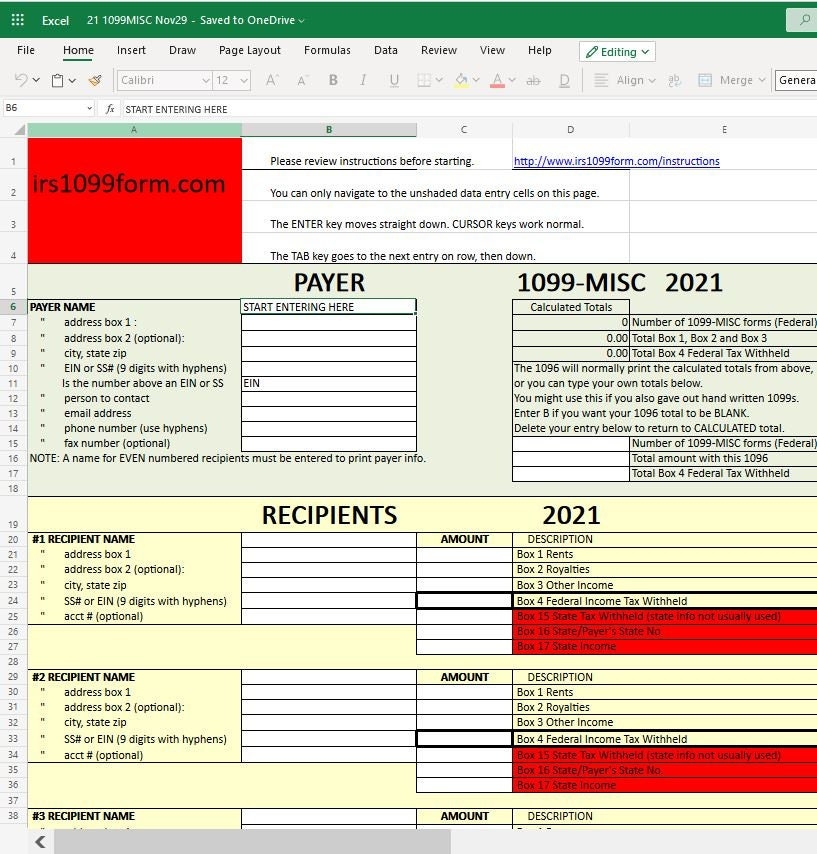 1099 MISC Excel Template For Printing Onto IRS Form updated For 1099 MISC Excel Template For Printing Onto IRS Form updated For