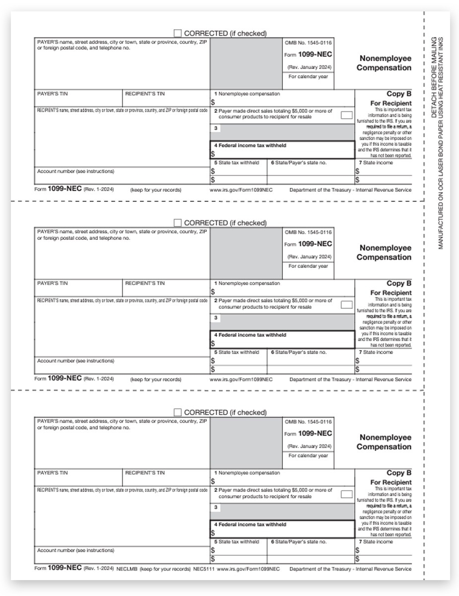 1099 NEC Forms Sets With Envelopes For E filers 3 part
