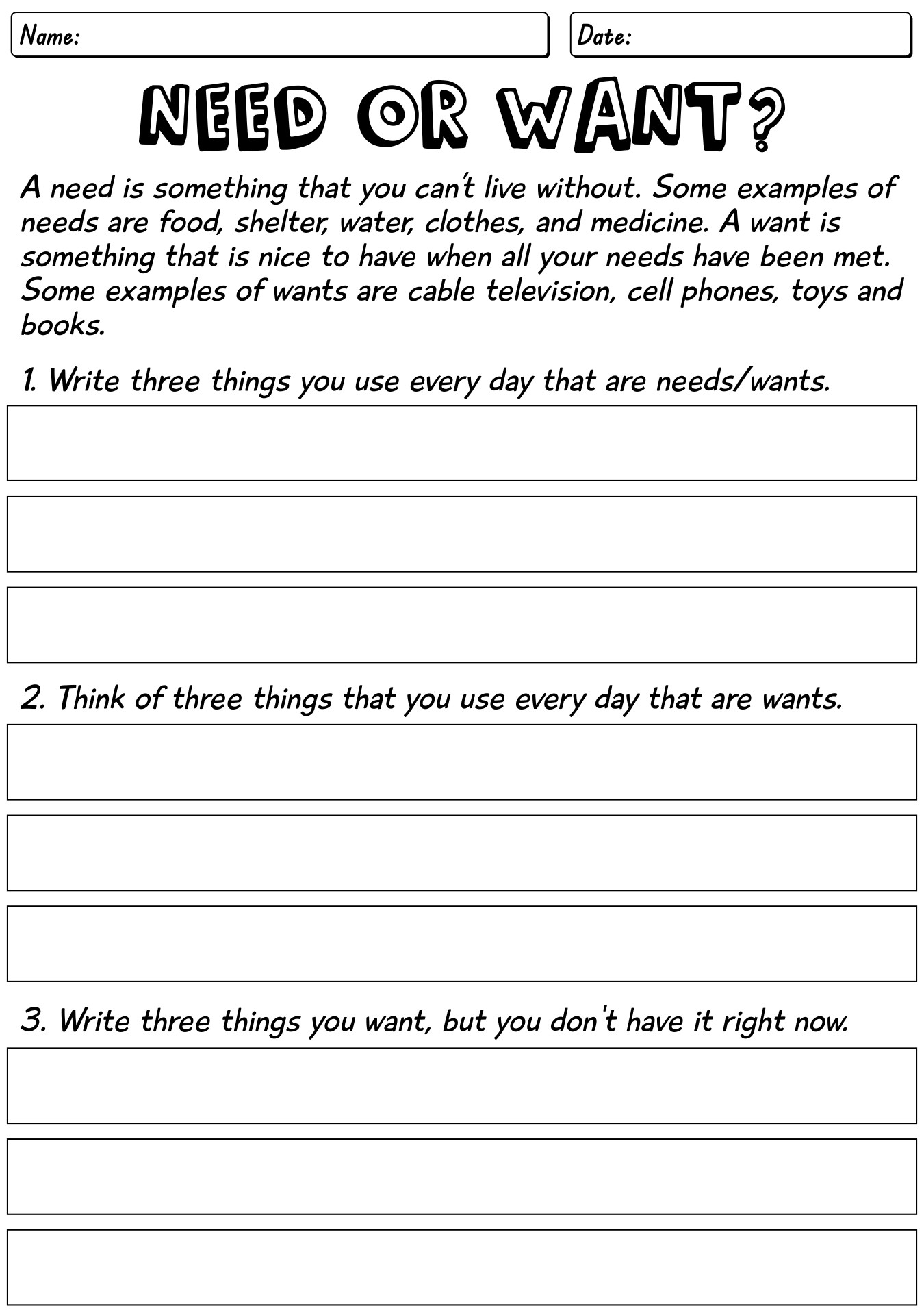 Free Printable Wants And Needs Worksheets