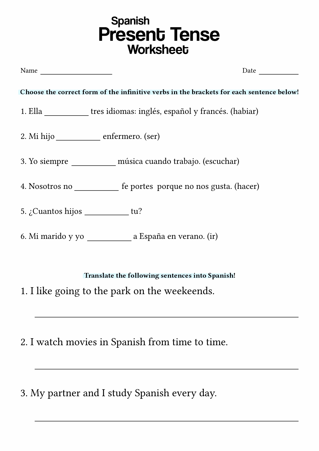 Free Printable Worksheet Of Spanish Verbs