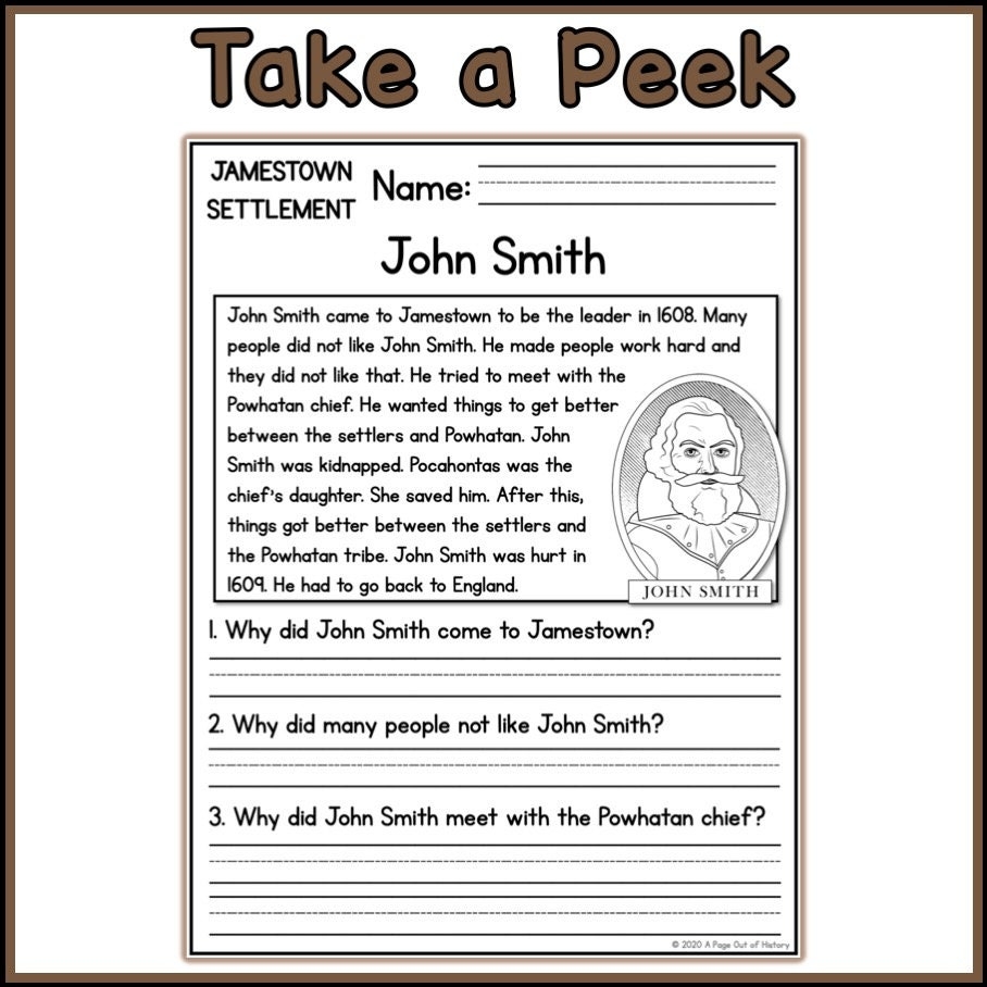 1st 2nd Grade Reading Comprehension Jamestown Settlement Passages U0026 Questions Classroom Homeschool No Prep Printable US History Etsy