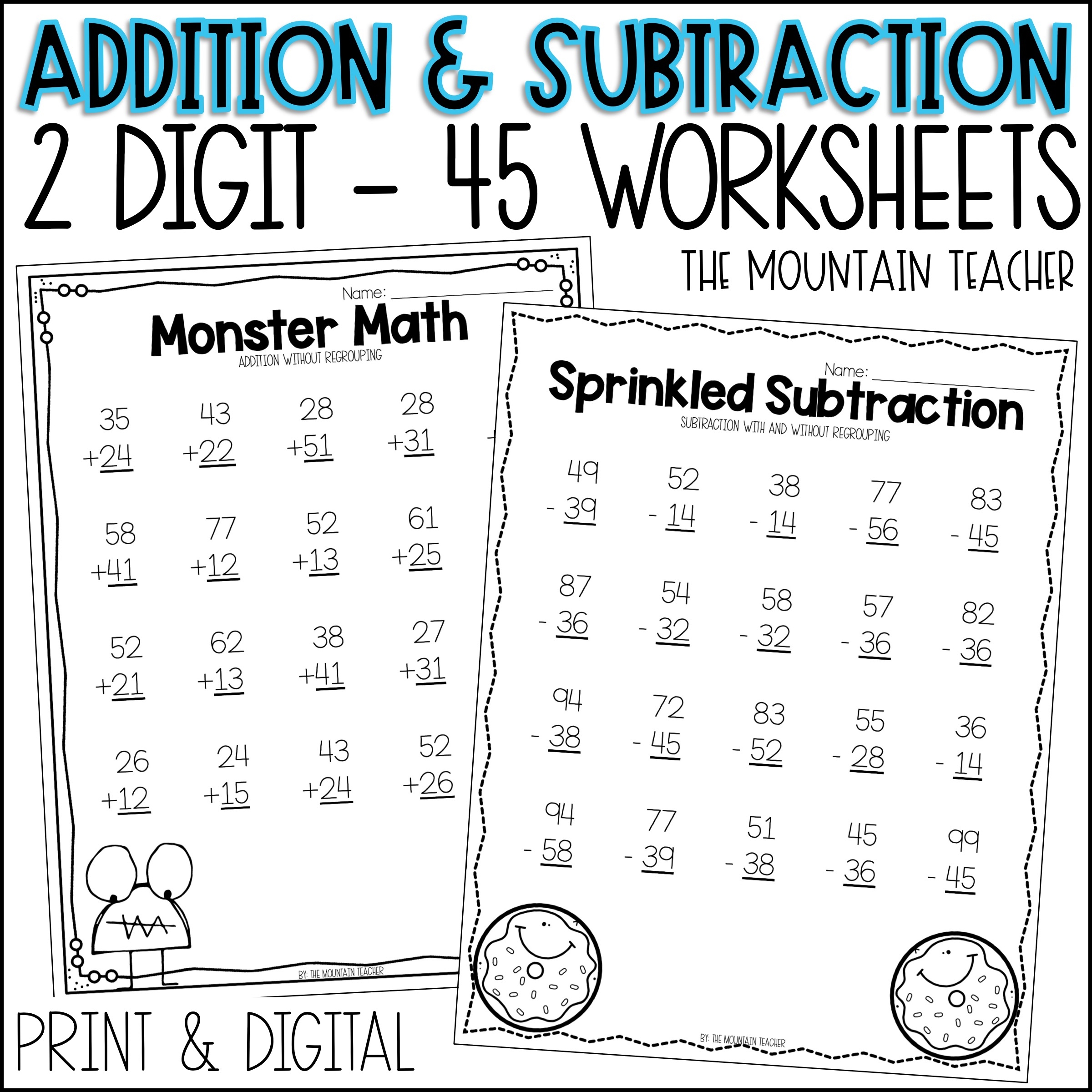 2 Digit Addition And Subtraction Worksheets With And Without 