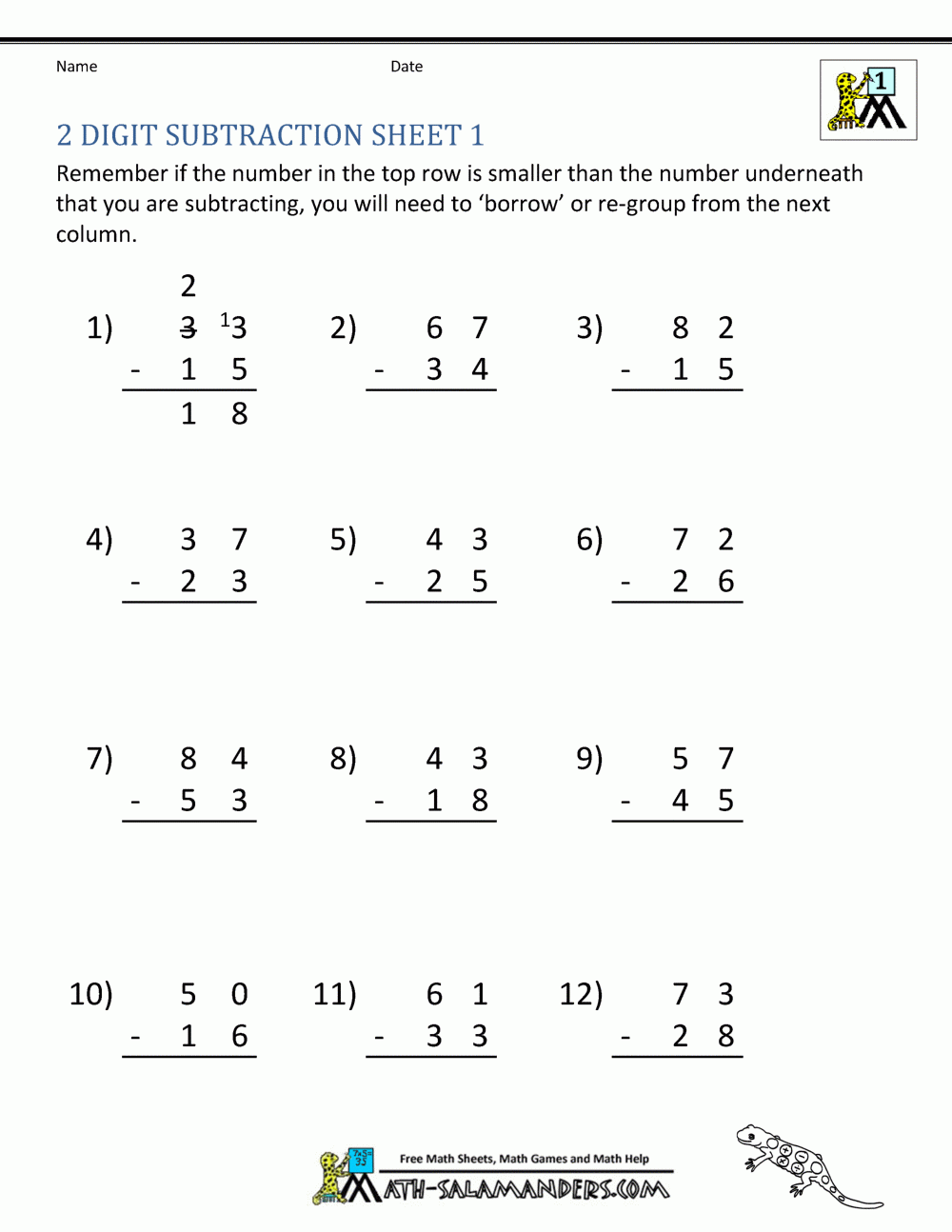2 Digit Subtraction Worksheets With Regrouping
