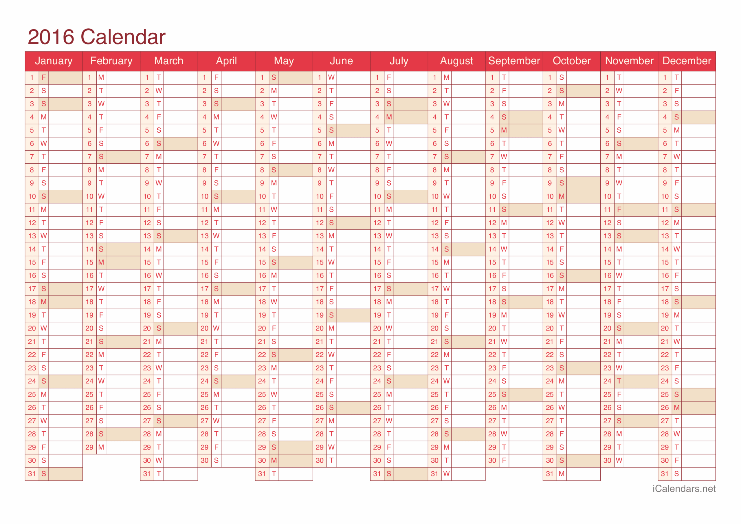 2016 Printable Calendar PDF Or Excel