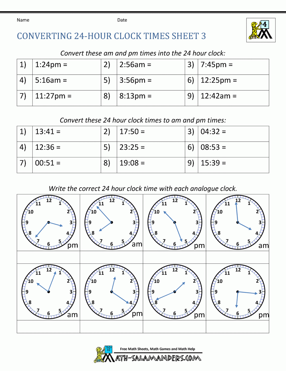 24 Hour Clock Conversion Worksheets