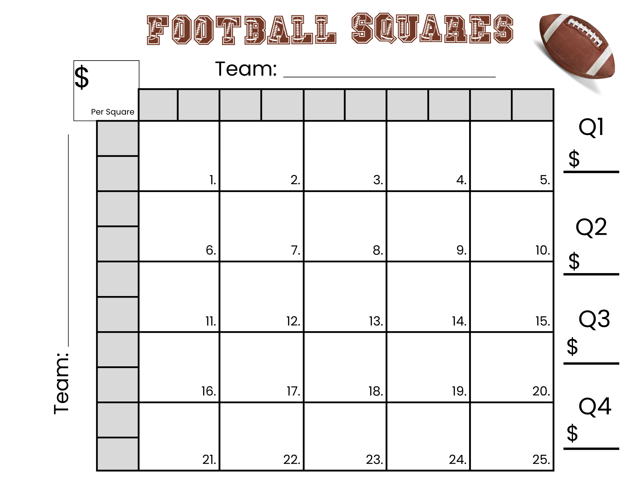 25 Football Squares Game Printable 5 5 Football Squares Instant Download 