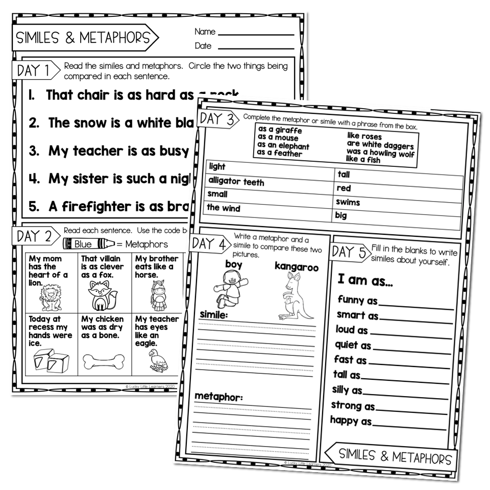 2nd Grade Grammar Worksheets Similes U0026 Metaphors Lucky Little 