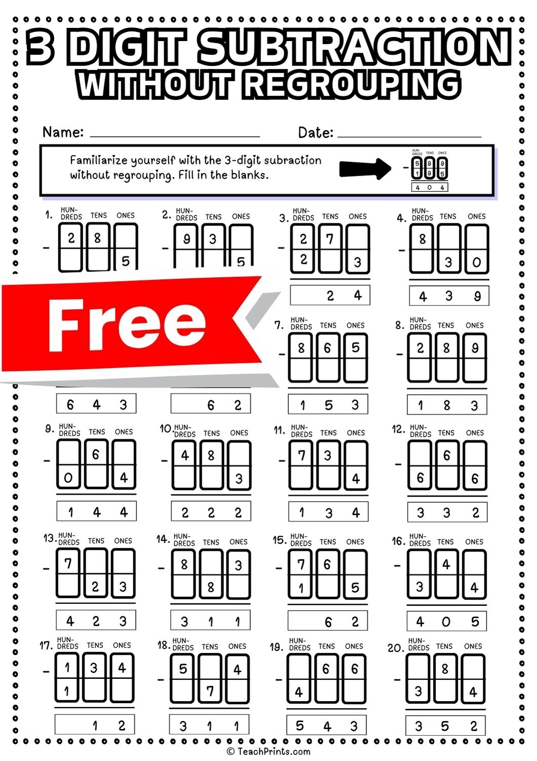 3 Digit Subtraction Without Regrouping Worksheets Teach Prints