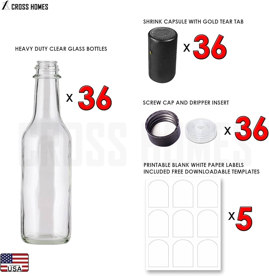 36 Sets 5oz Hot Sauce Bottles Empty Clear Glass Woozy Bottles With Shrink Capsules Small Wine Bottle With Shirnk Bands Canning Bottle Cap Dripper Self Printable Labels Free Design Template BLACK 