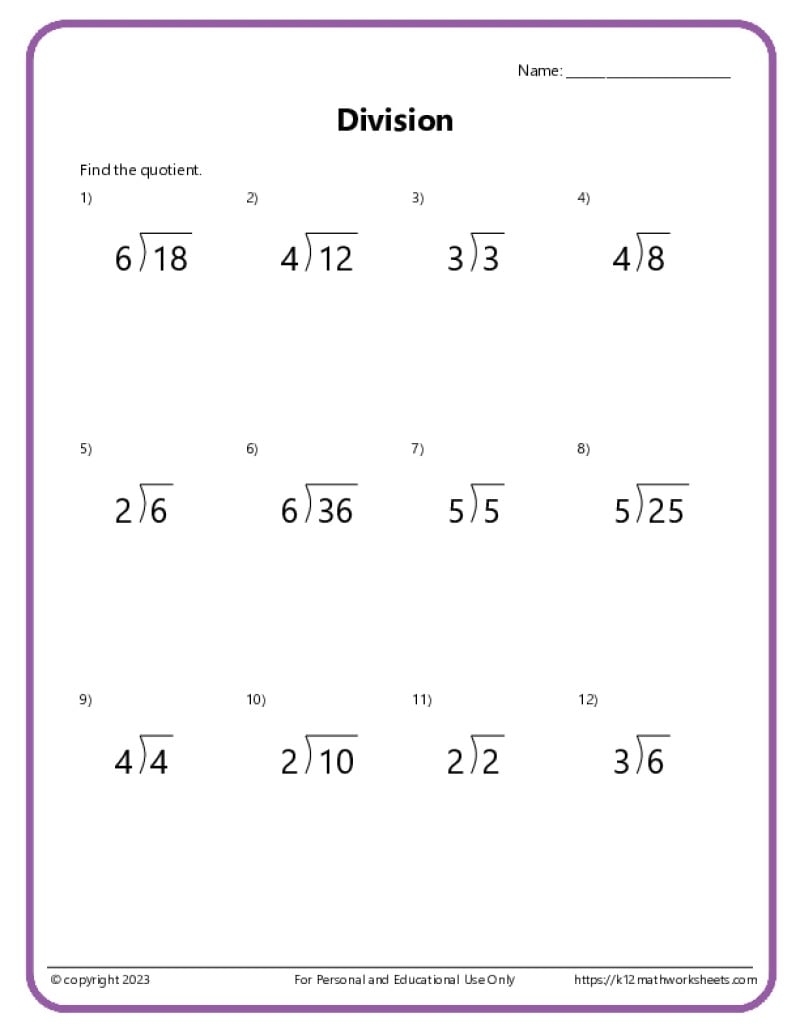 Free Printable Third Grade Division Worksheets