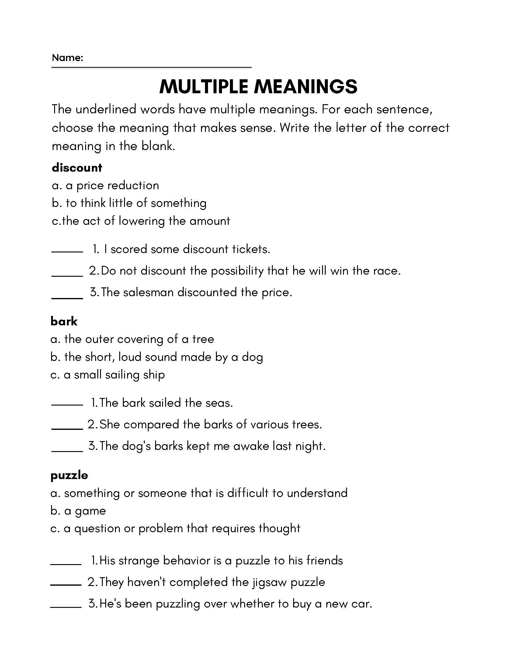3rd Grade Vocabulary Worksheets