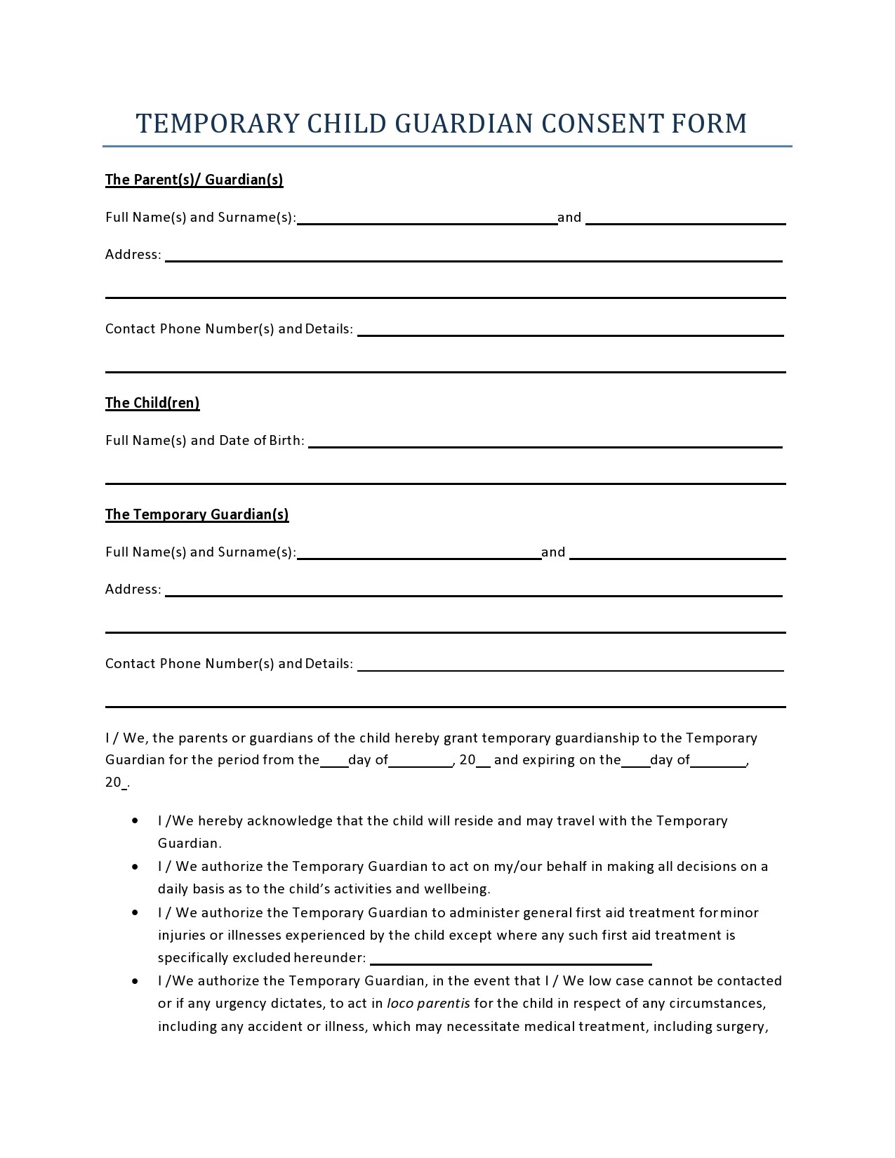 40 Printable Temporary Guardianship Forms All States 