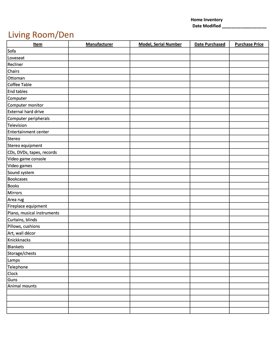 45 Printable Inventory List Templates Home Office Moving 