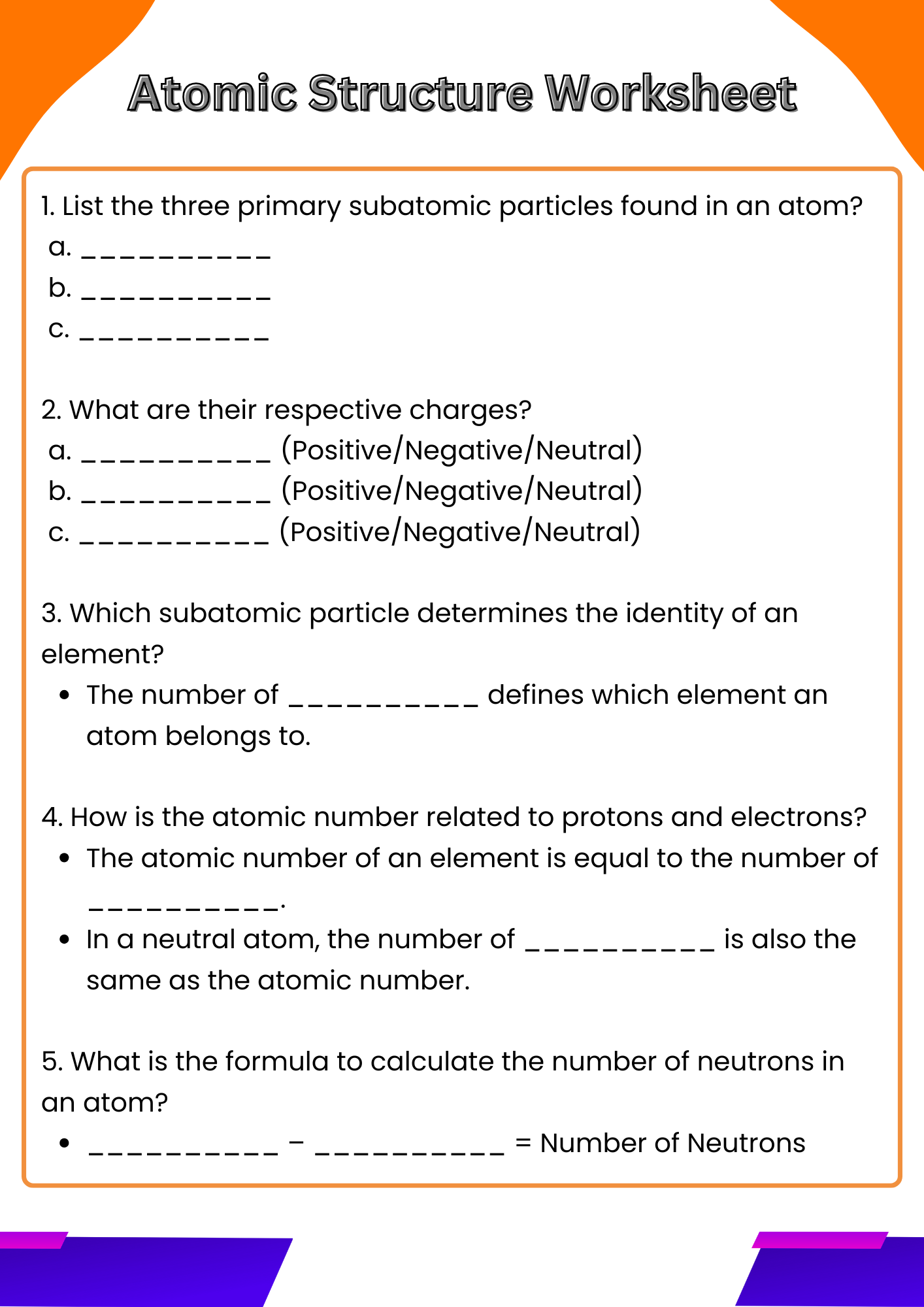 Free Printable Worksheets Atomic Structure
