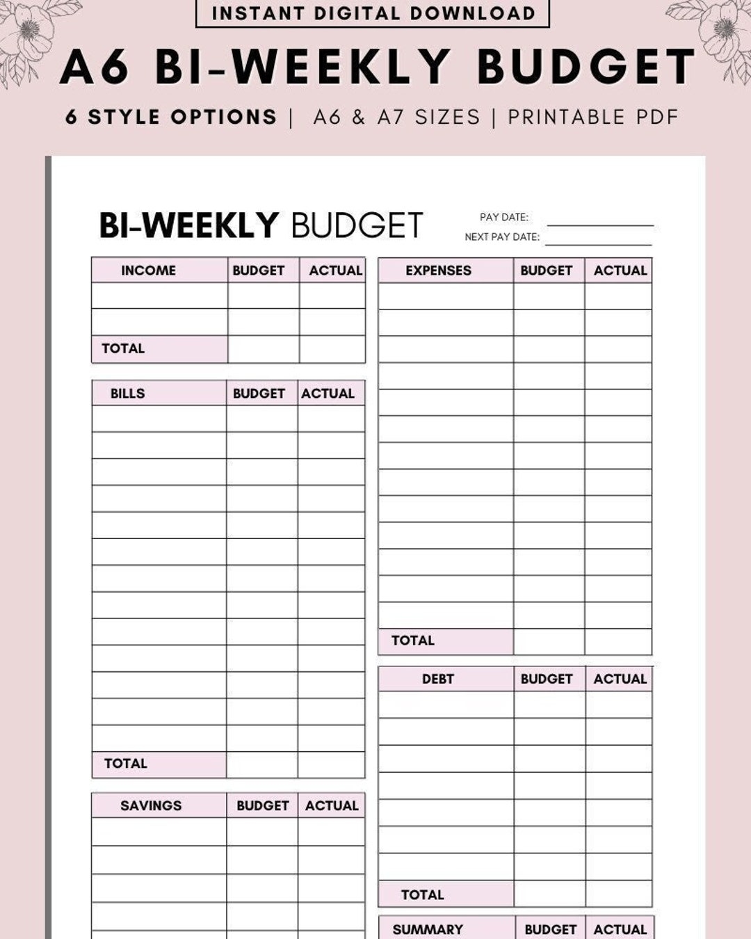 A6 PDF BI WEEKLY Budget Overview Template Printable Paycheck Budget Printable Budget Binder Budget Planner Budget Template Etsy