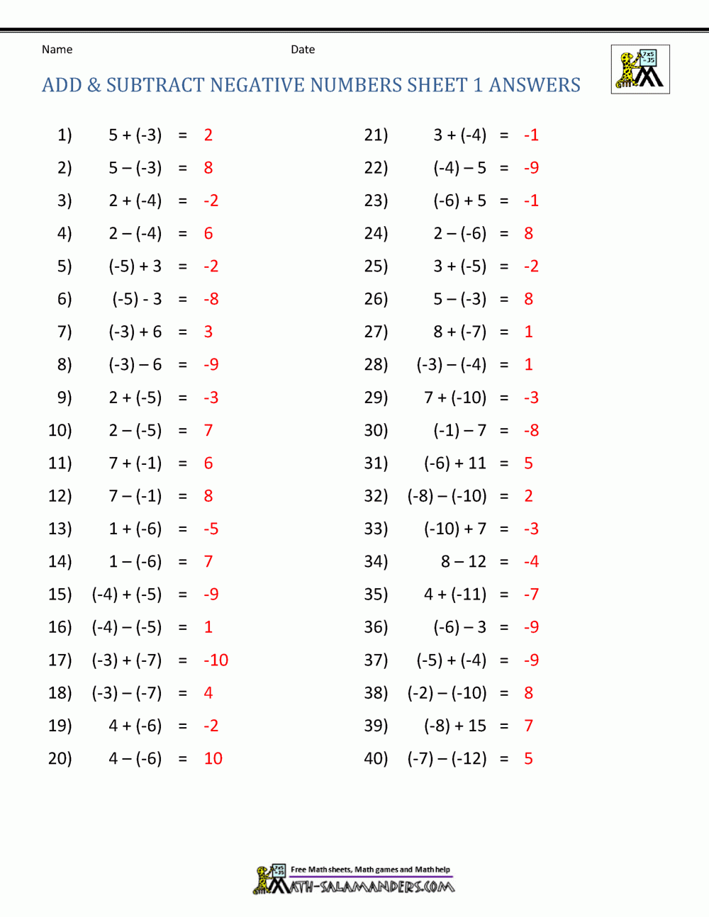 Adding And Subtracting Negative Numbers
