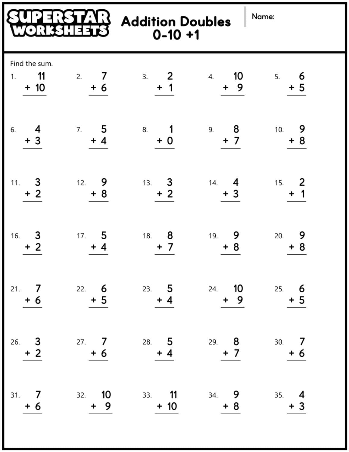 Addition Doubles Worksheets Superstar Worksheets