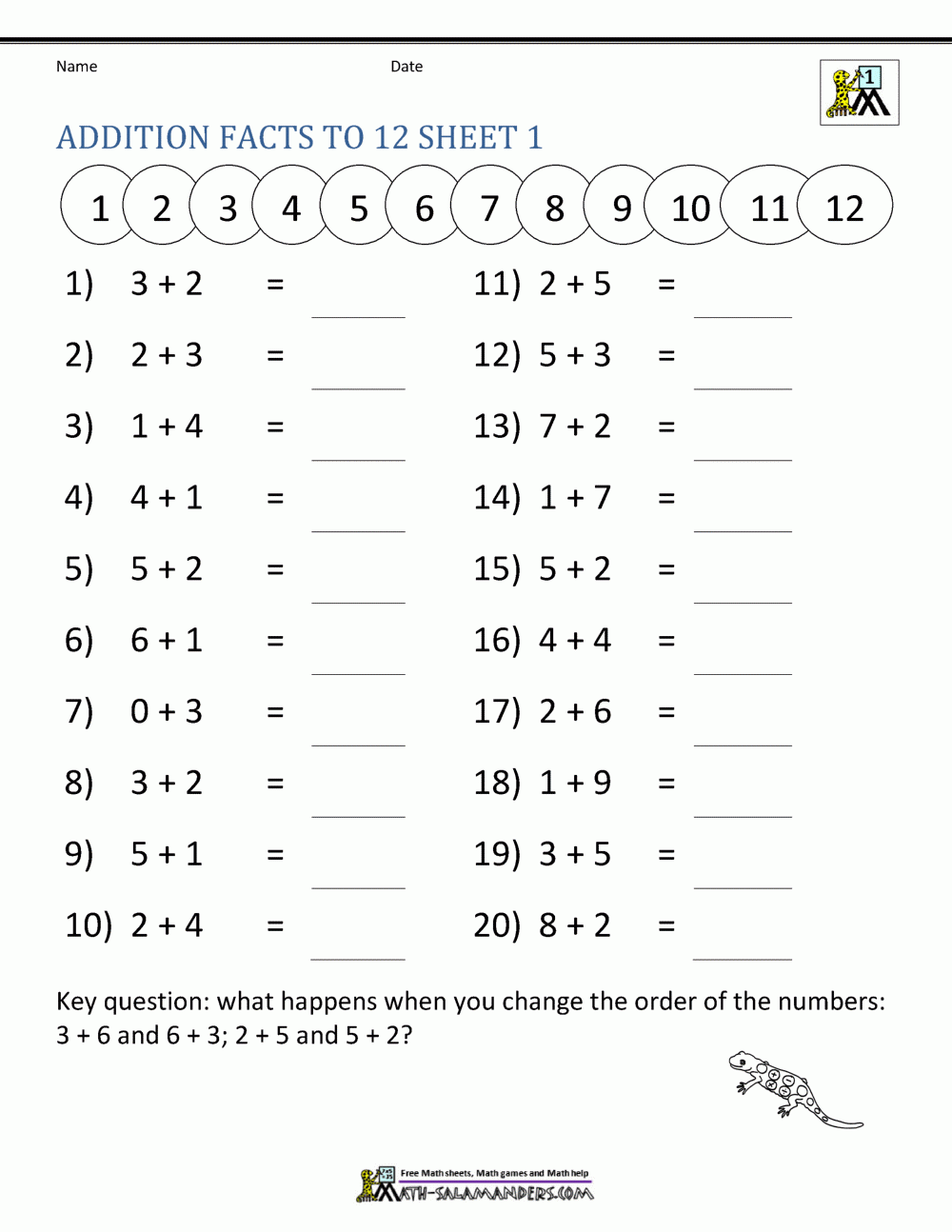 Addition Facts To 12 Sheet 1