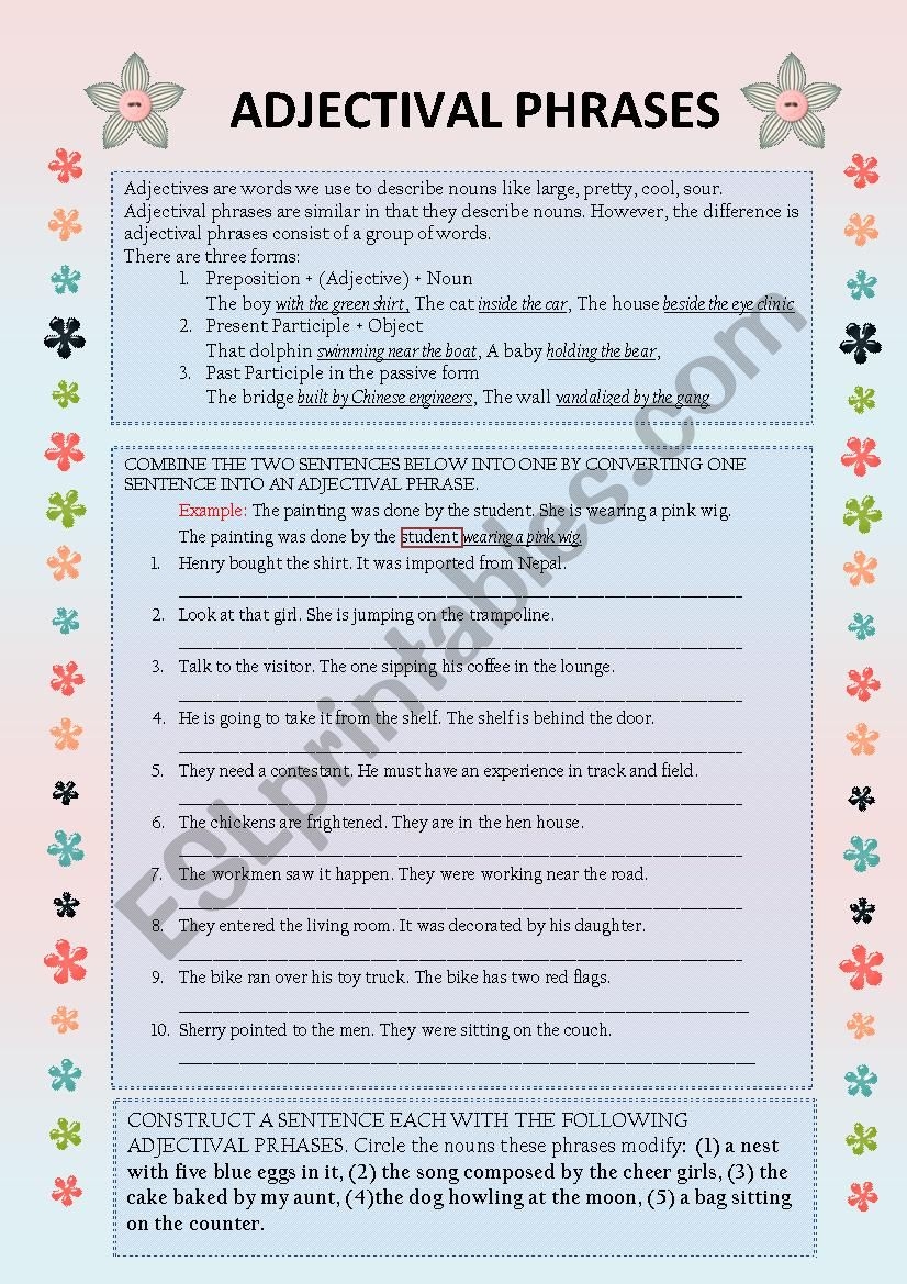 Adjective Or Adjectival Phrases ESL Worksheet By Maiagarri Worksheets Library