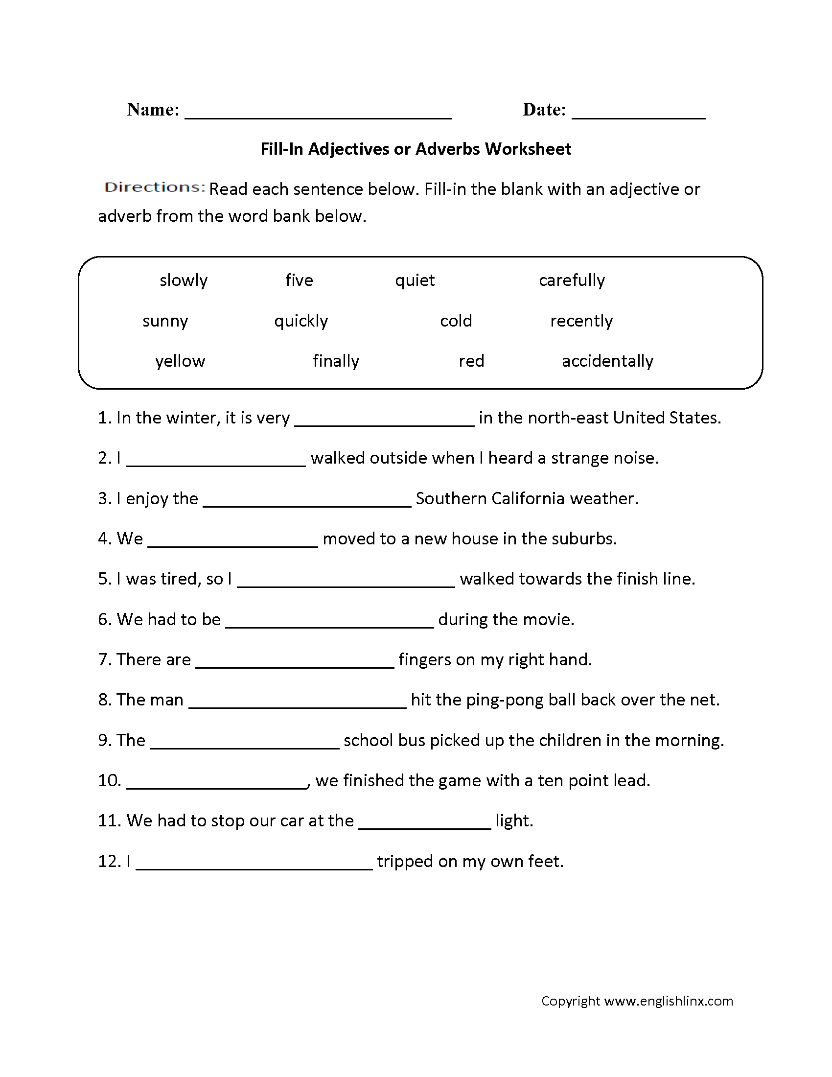 Free Printable Worksheets Adverbs Adjectives