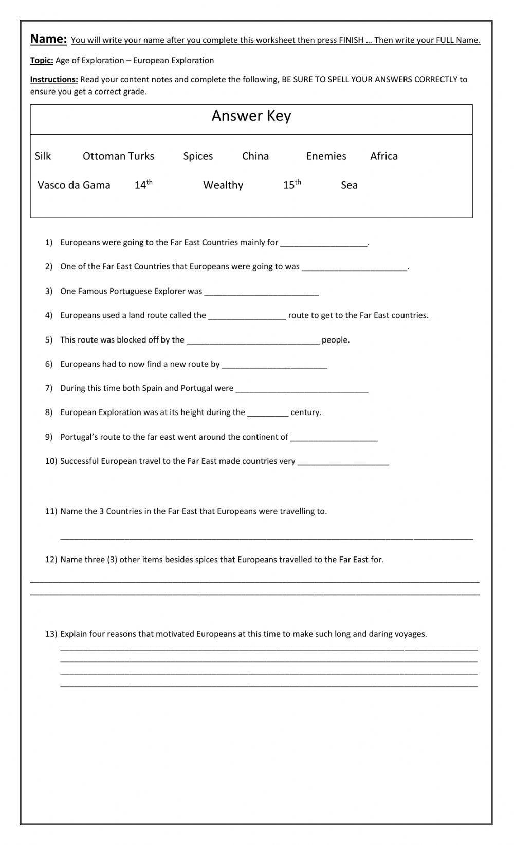 Age Of Exploration European Exploration Worksheet Live Worksheets Worksheets Library