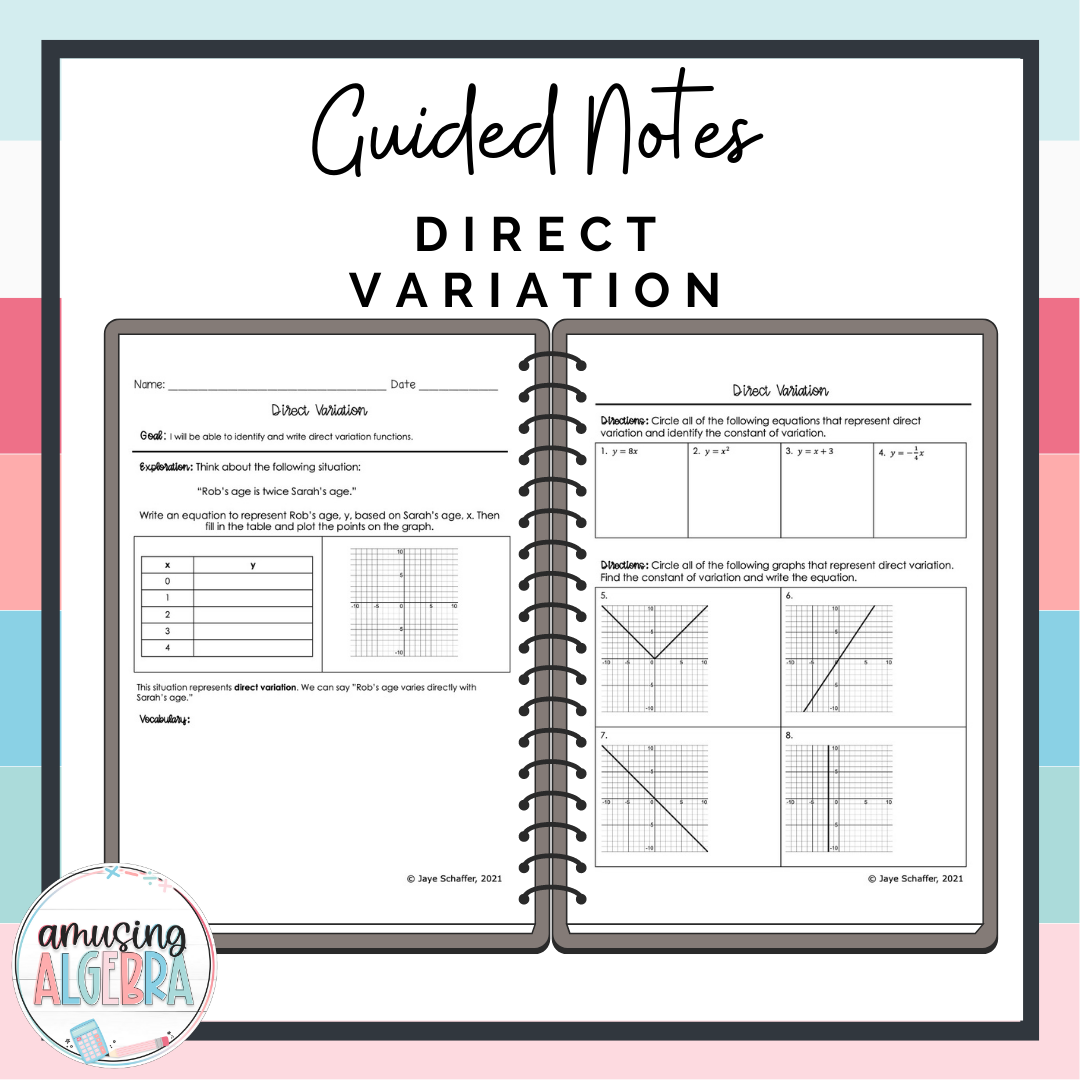 Algebra 1 Direct Variation Guided Notes Made By Teachers