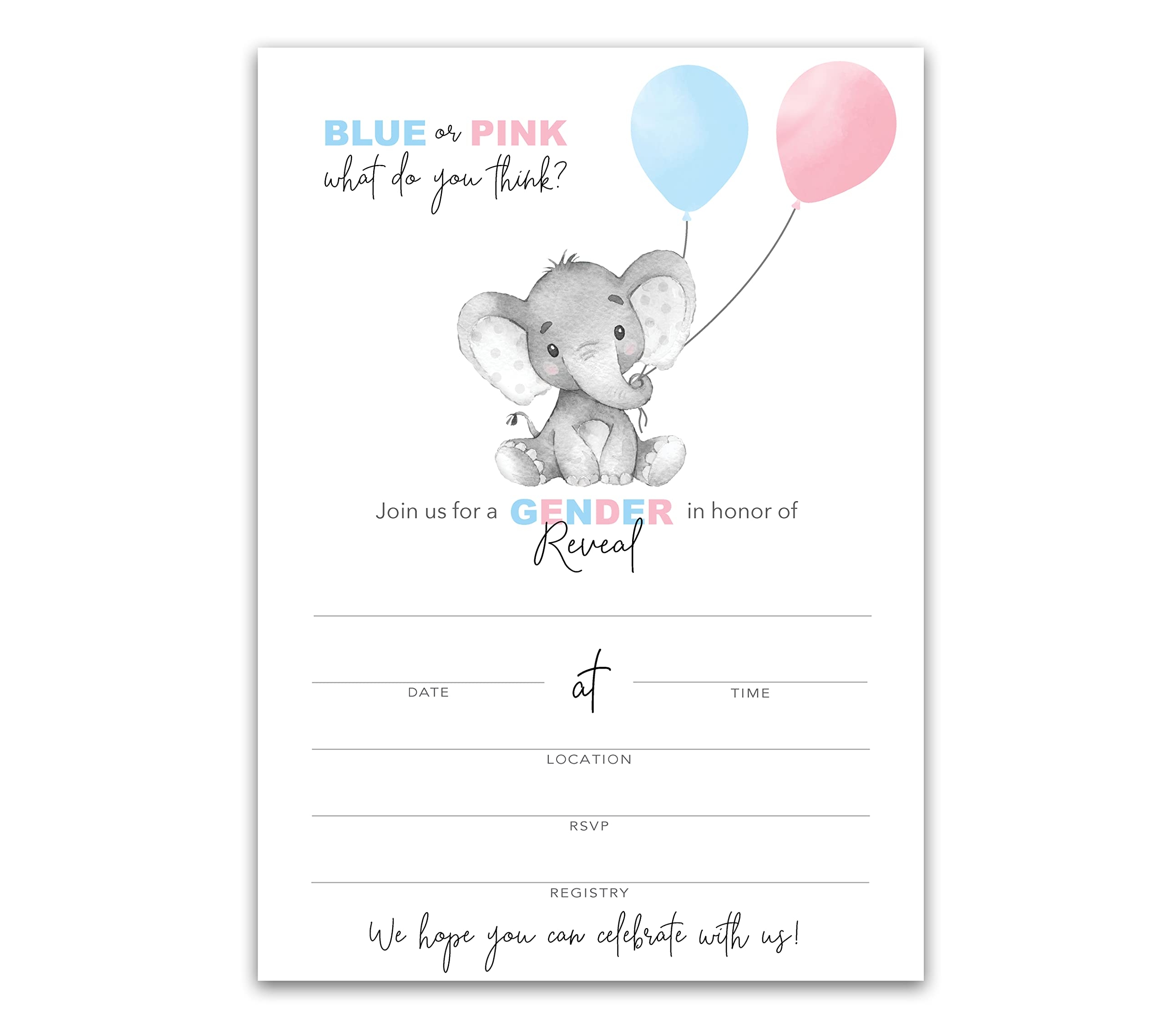 Amazon Gender Reveal Baby Shower Party Invitations Pack Of 25 Elephant With Balloons Blue Or Pink He Or She Elegant DIY Guess Boy Or Girl Unisex Fill in Invites By