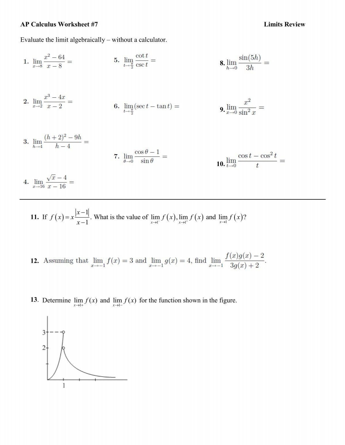 AP Calculus Worksheet 7 Limits Review Evaluate The Limit 
