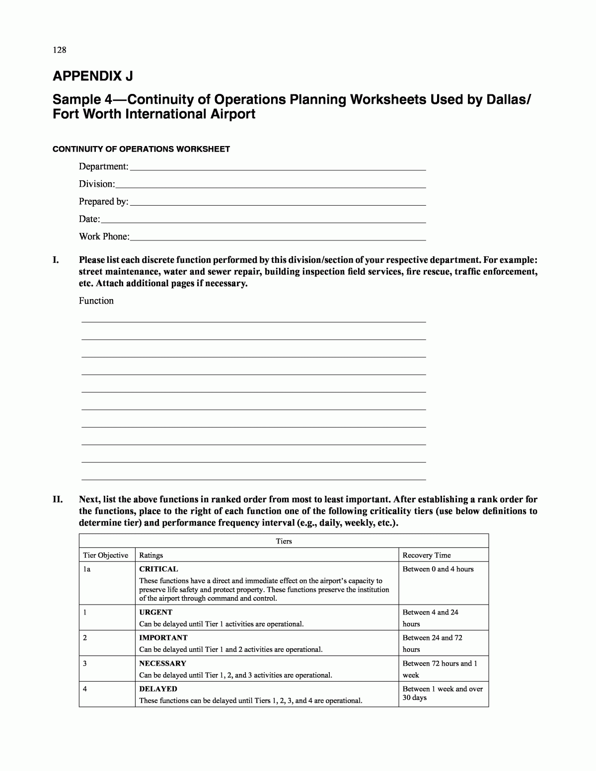 APPENDIX J Sample 4 Continuity Of Operations Planning Worksheets 