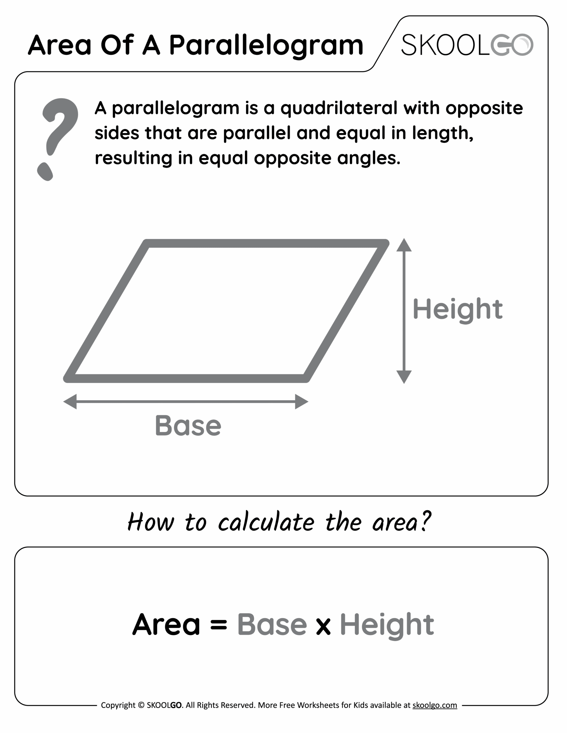 Area Of A Parallelogram Free Worksheet For Kids SKOOLGO