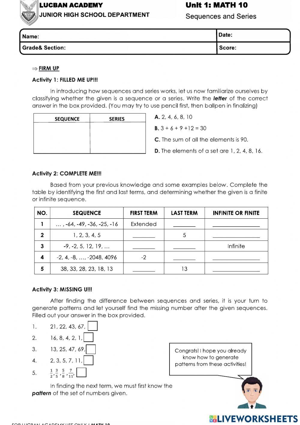 Free Printable Worksheets On Arithmetic Sequences