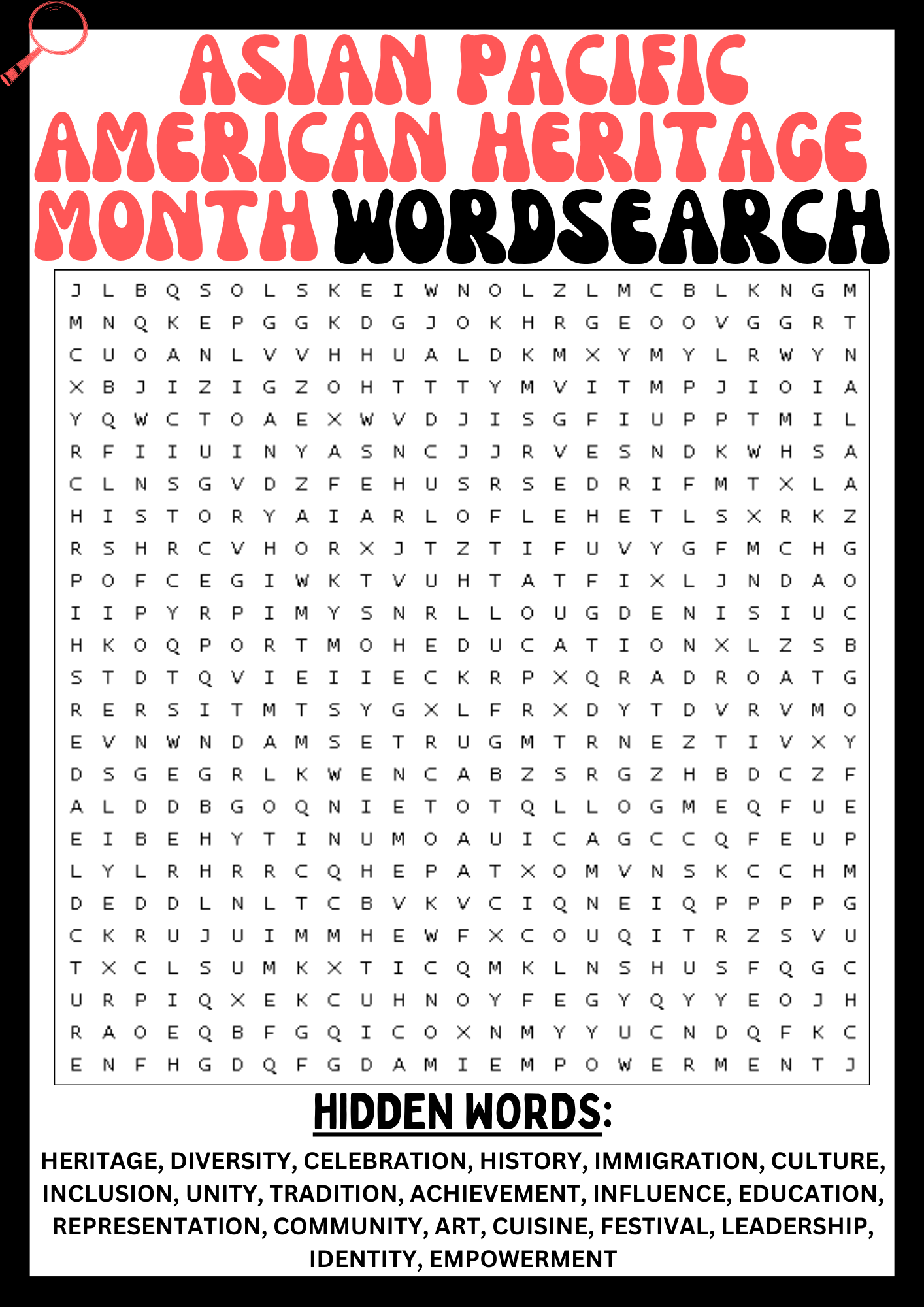 ASIAN PACIFIC AMERICAN HERITAGE MONTH Wordsearch Puzzle Worksheet 