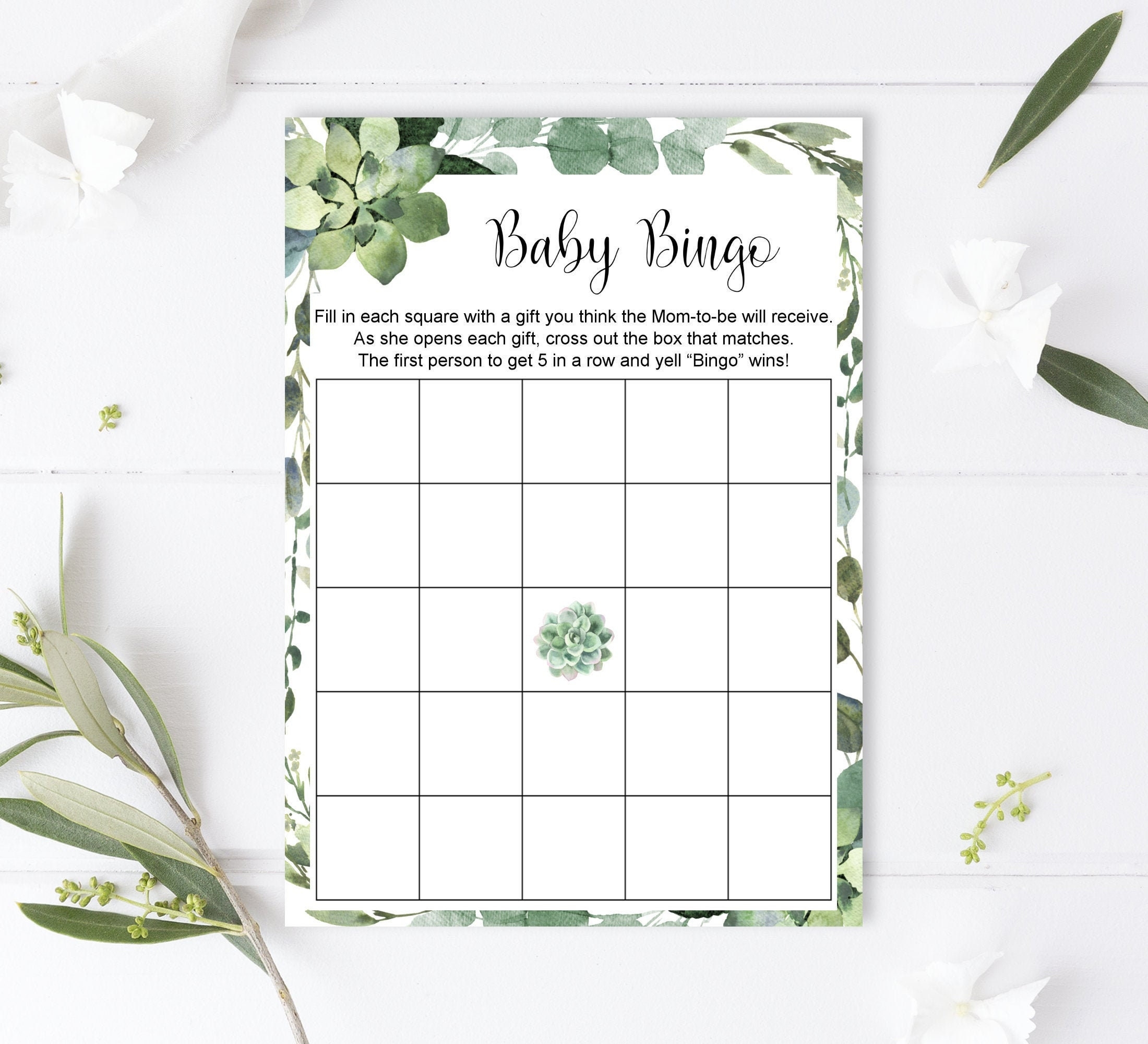 Baby Shower Bingo Cards Greenery Succulent Baby Shower Game Green Eucalyptus Blank Bingo Template Printable NOT Editable C91 Etsy