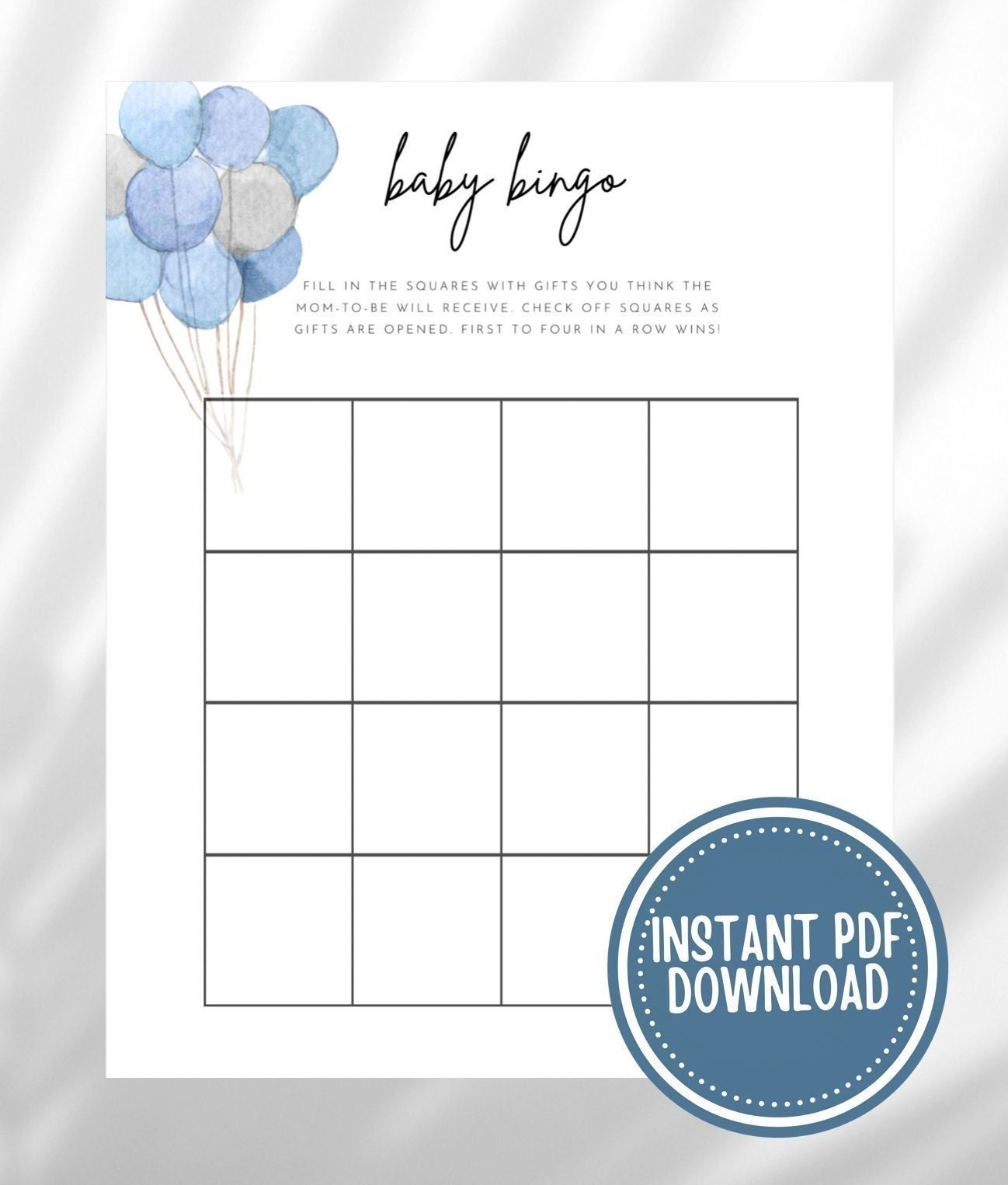 Baby Shower Bingo Game 4x4 Blank Baby Bingo Card Baby Shower Game Printable Bingo Blue Balloons Etsy Baby Shower Bingo Game 4x4 Blank Baby Bingo Card Baby Shower Game Printable Bingo Blue Balloons Etsy