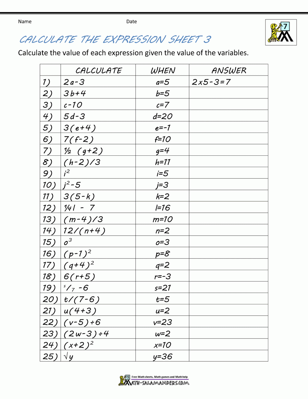 Free Printable Worksheets Math 7th Grade