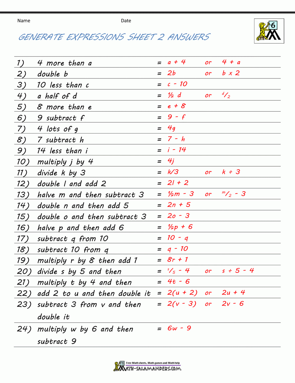 Basic Algebra Worksheets
