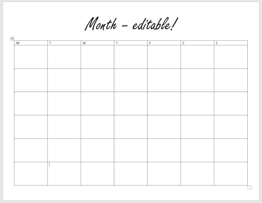 Basic Calendar Month Microsoft Word Template Editable Customizable Etsy