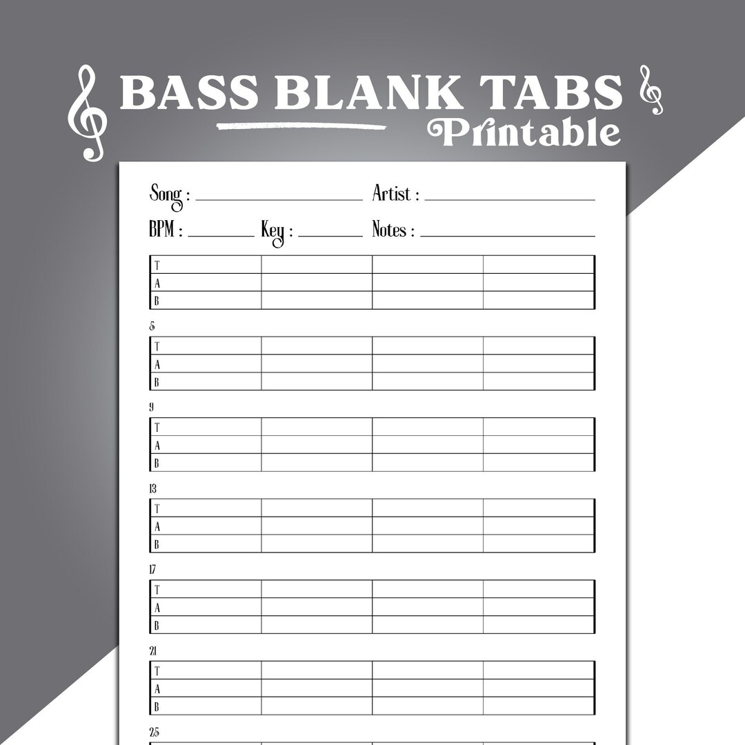 Bass Blank Tabs Printable Blank 4 string Bass Blank Sheet Music Blank Bass Guitar Tab Blank Tab Sheets Bass Tabs Printable Bass Tab Etsy
