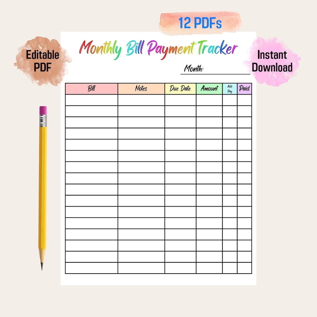 Bill Payment Tracker Rainbow Color Printable Editable Monthly Bill Tracker Budget Planner Bill Payment Log Bill Tracker Spreadsheet Etsy