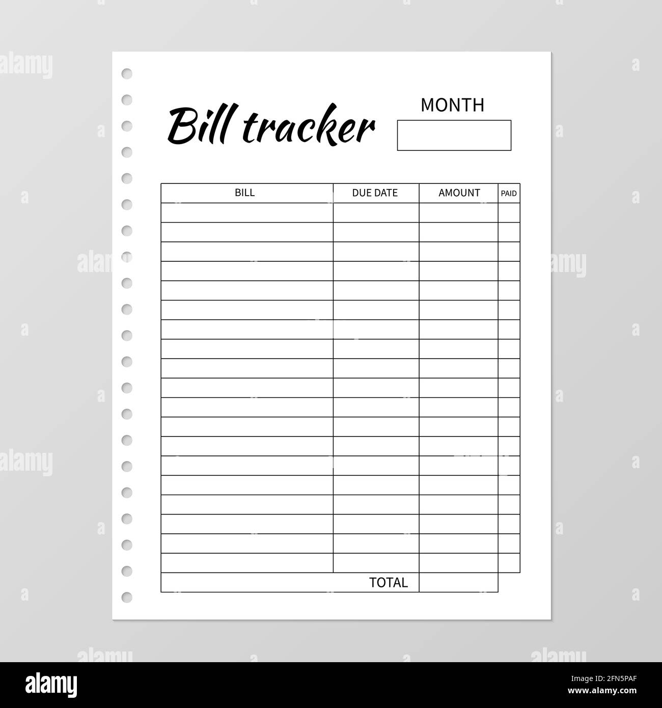 Bill Tracker Template Monthly Planner Blank White Notebook Page 
