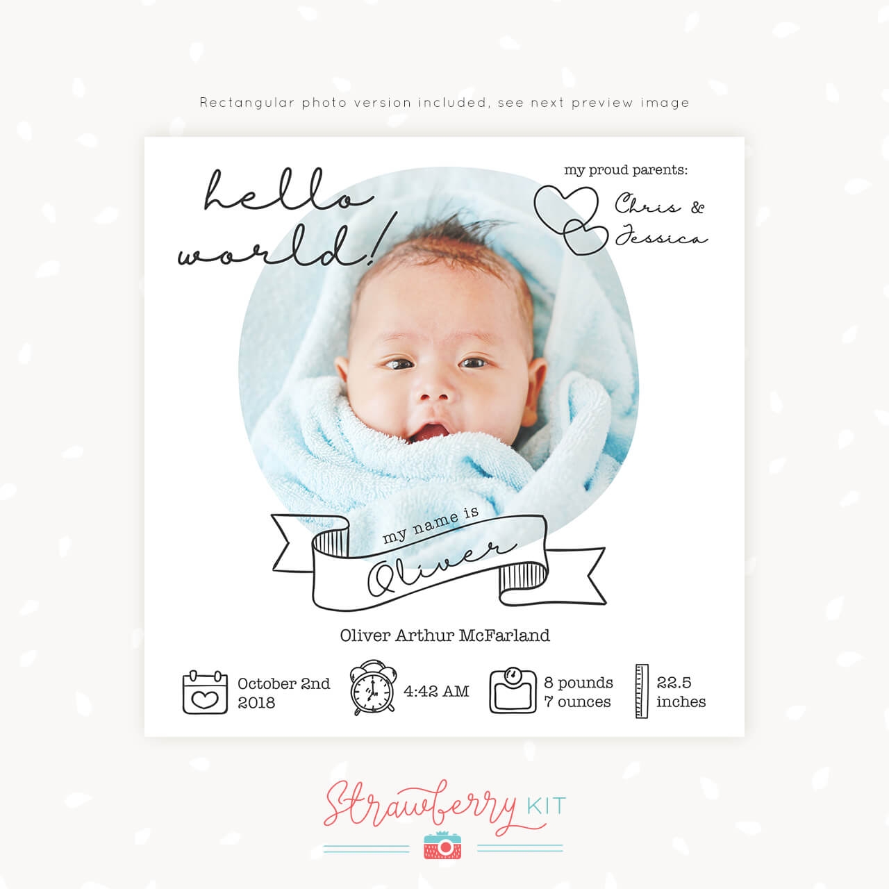 Birth Announcement Template Hello World Square For Print U0026 Social Media Strawberry Kit