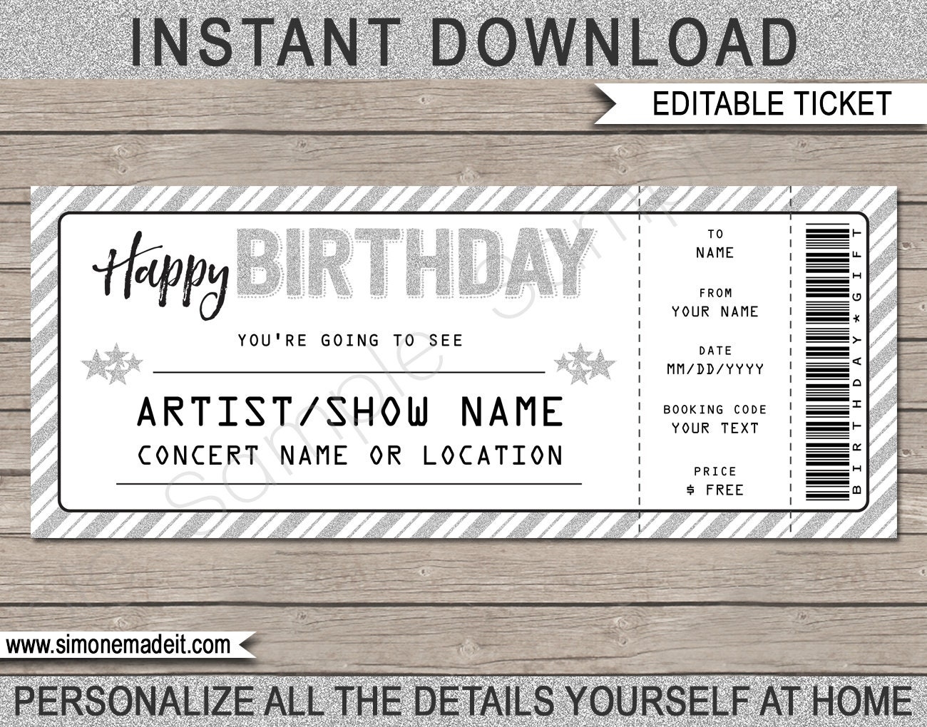 Birthday Gift Concert Ticket Template Printable Gift Voucher Certificate Ticket Coupon Surprise Concert Or Show EDITABLE TEXT DOWNLOAD Etsy