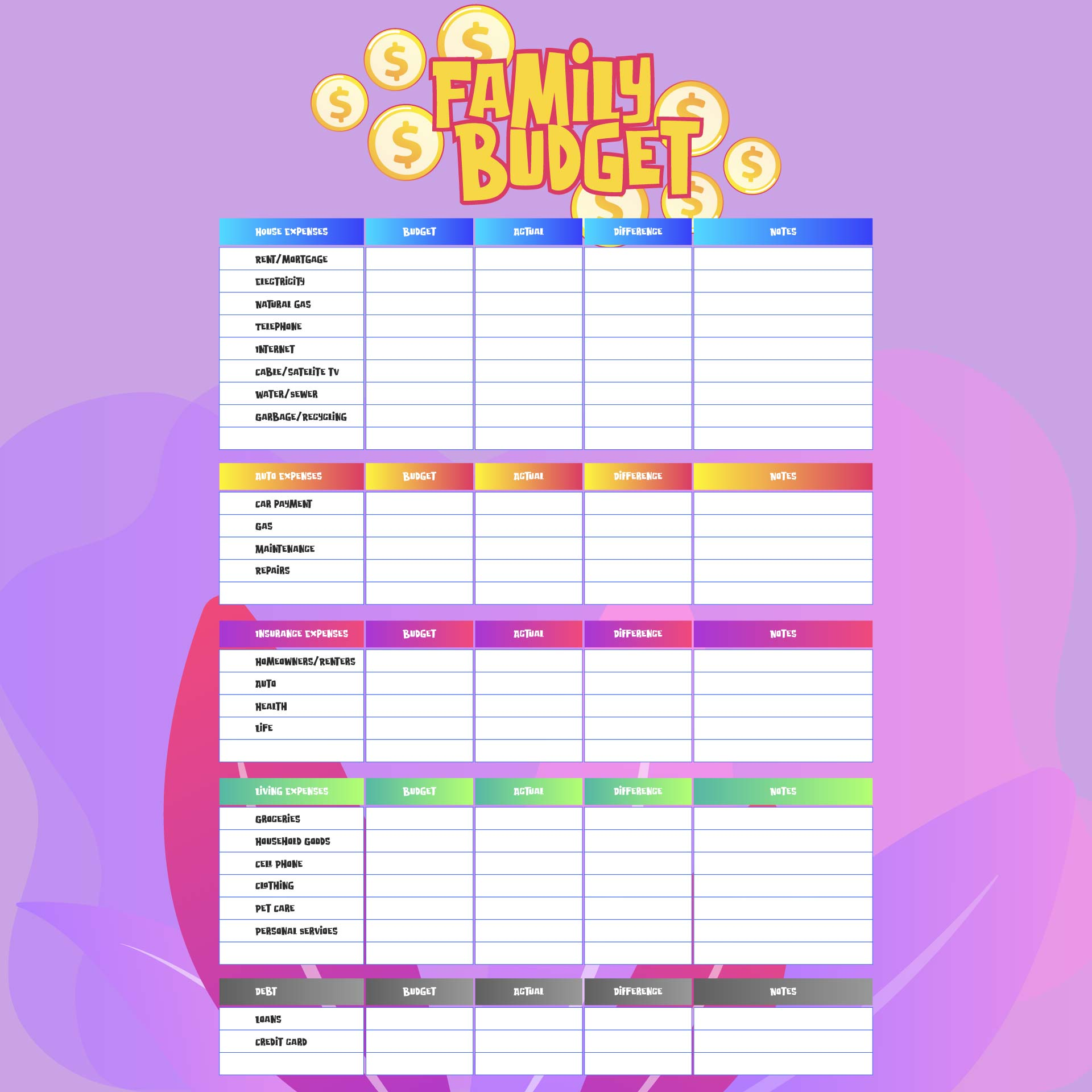 Blank Printable Monthly Expendable Spreadsheet Free