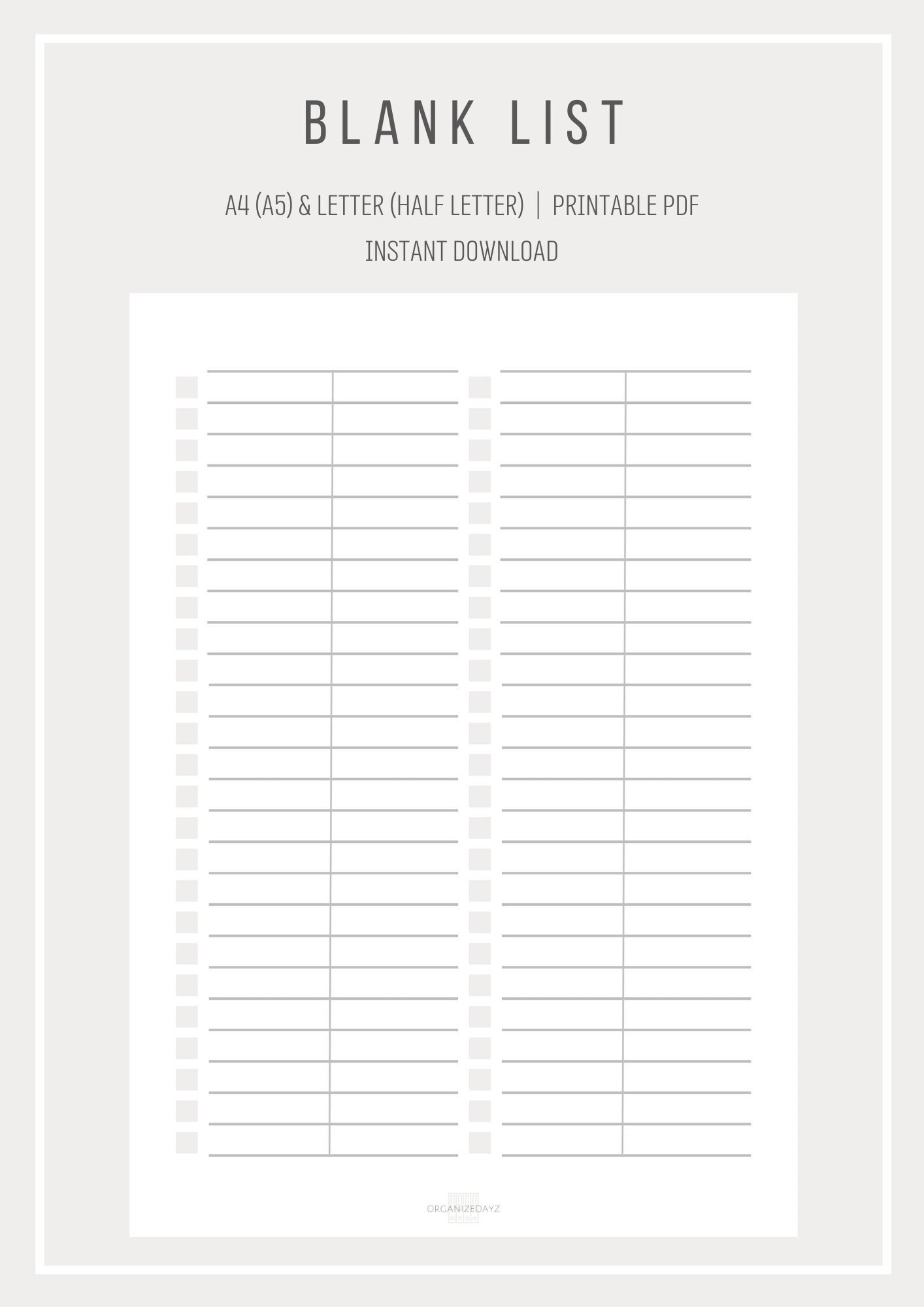 Blank List Simple List Template Printable List Digital List 