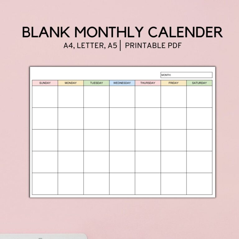 Blank Monthly Calendar Landscape Printable Minimalist Calendar Template A4 LETTER A5 Etsy