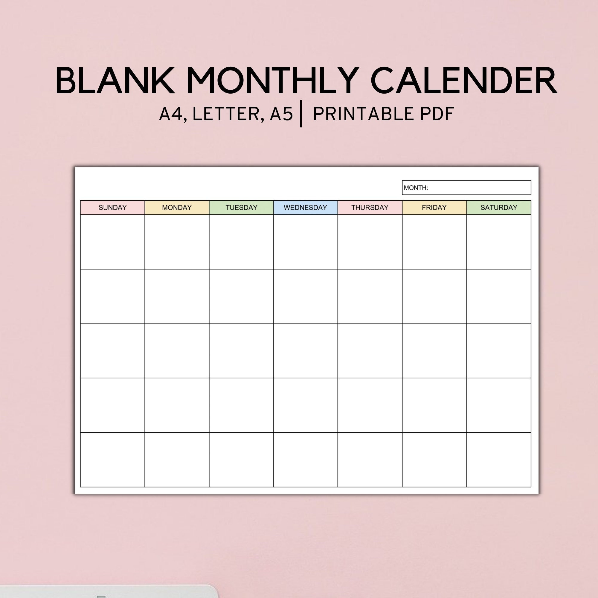 Blank Monthly Calendar Landscape Printable Minimalist Calendar Template A4 LETTER A5 Etsy