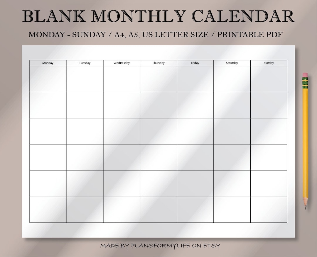 Blank Monthly Calendar Printable Landscape Minimalist Calendar Template Desk Calendar Wall Calendar a4 a5 us Letter Instant Download PDF Etsy