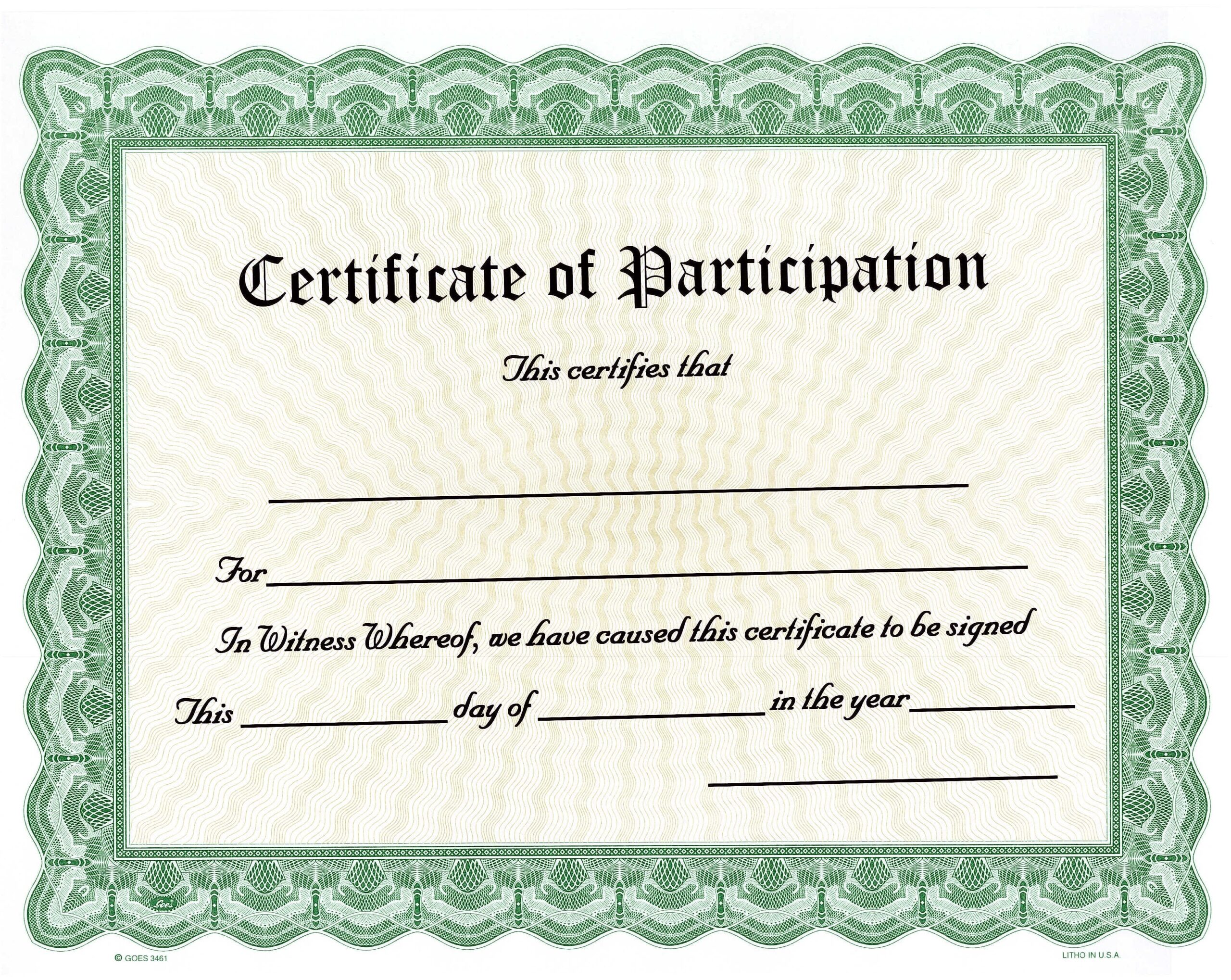 Blank Participation Certificate Award Goes 3461 Green Border