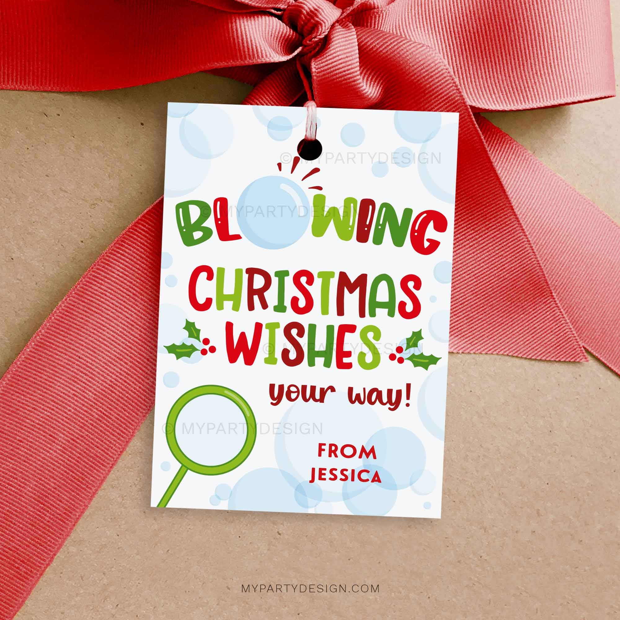 Blowing Christmas Wishes Bubbles Gift Tag Printable PDF My Party Design